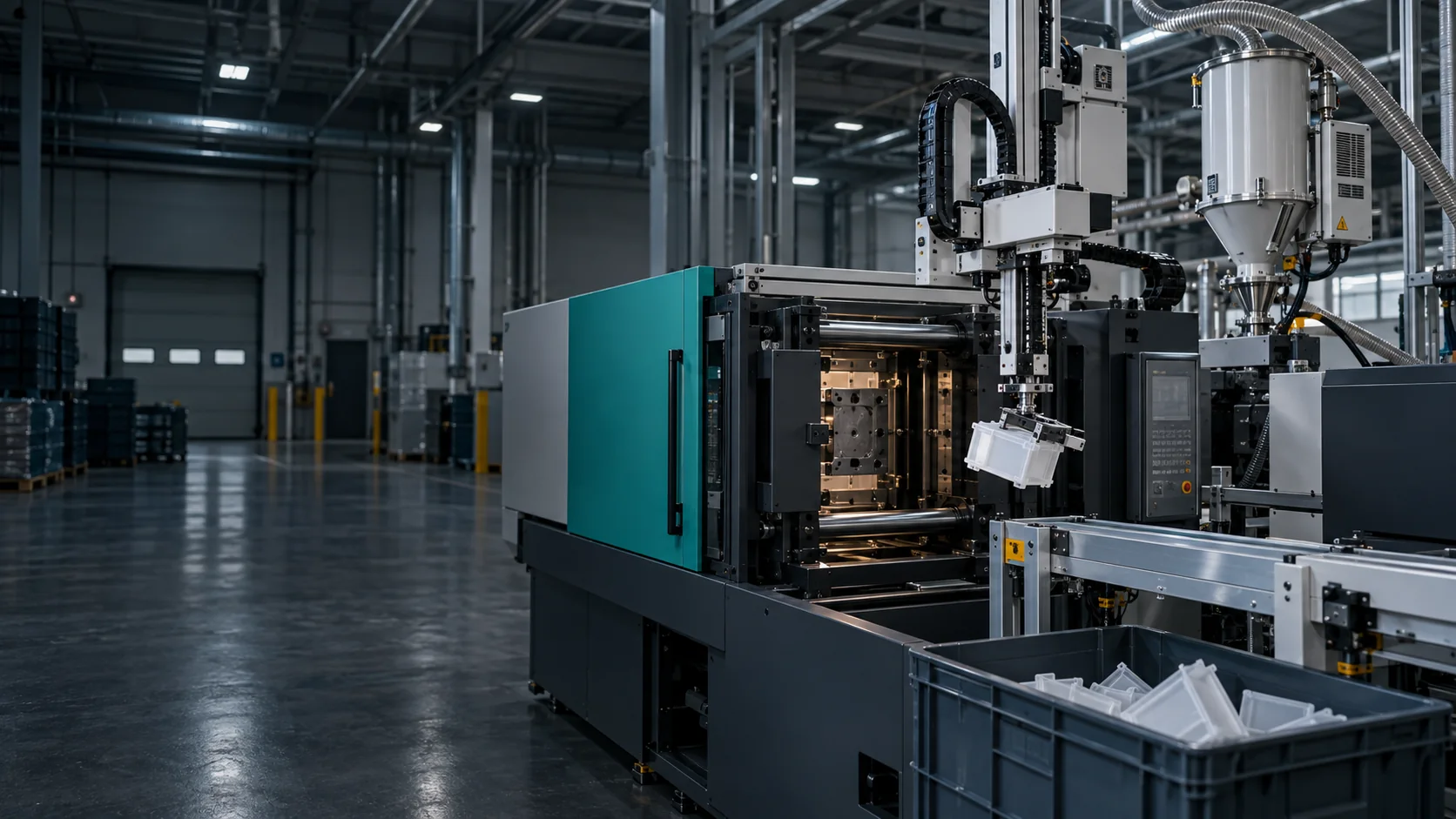 Plastik enjeksiyon hattına entegre robot ve yardımcı ekipmanlar