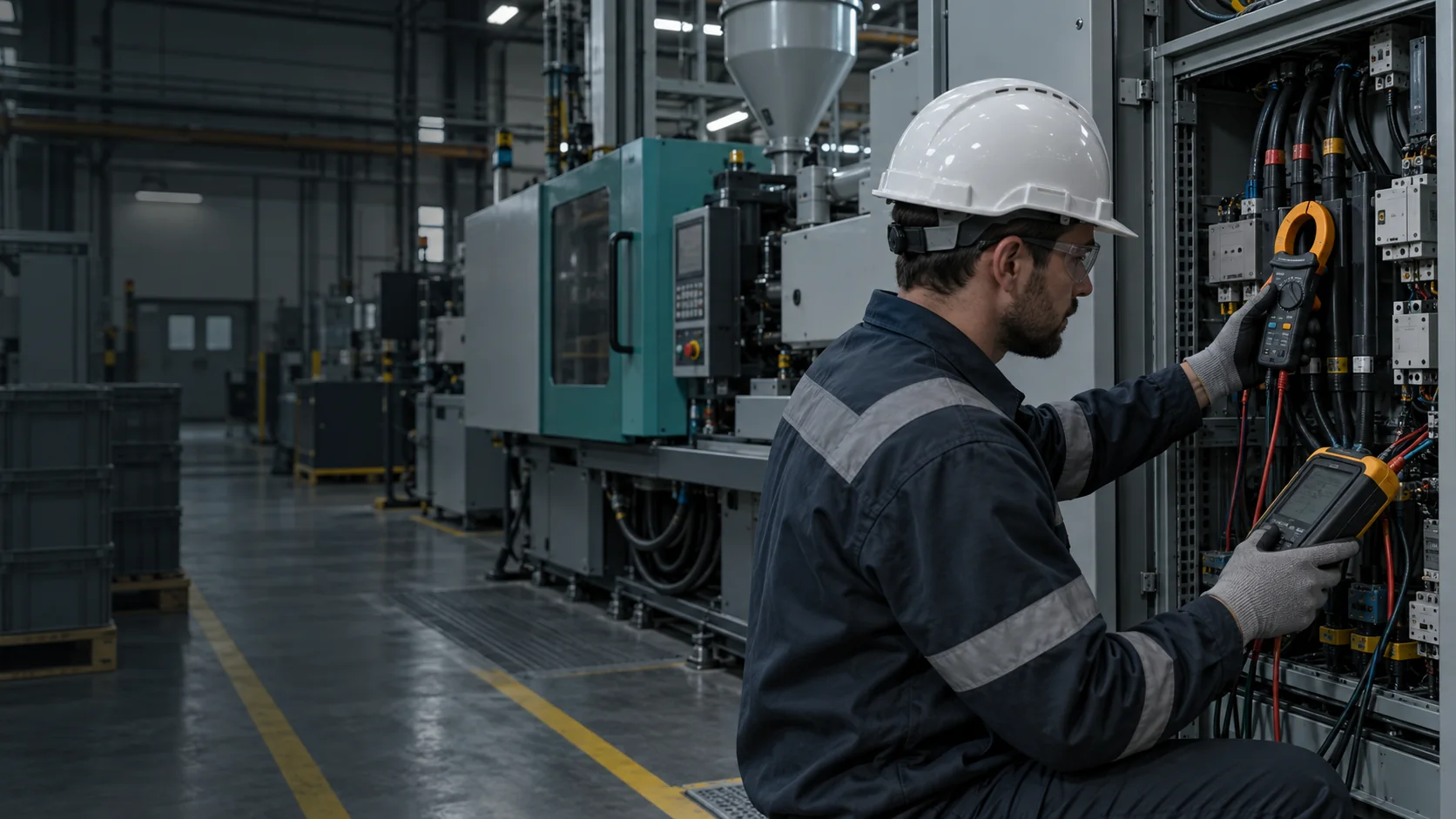 Teknisyen enjeksiyon makinesinin enerji tüketimini ölçüyor